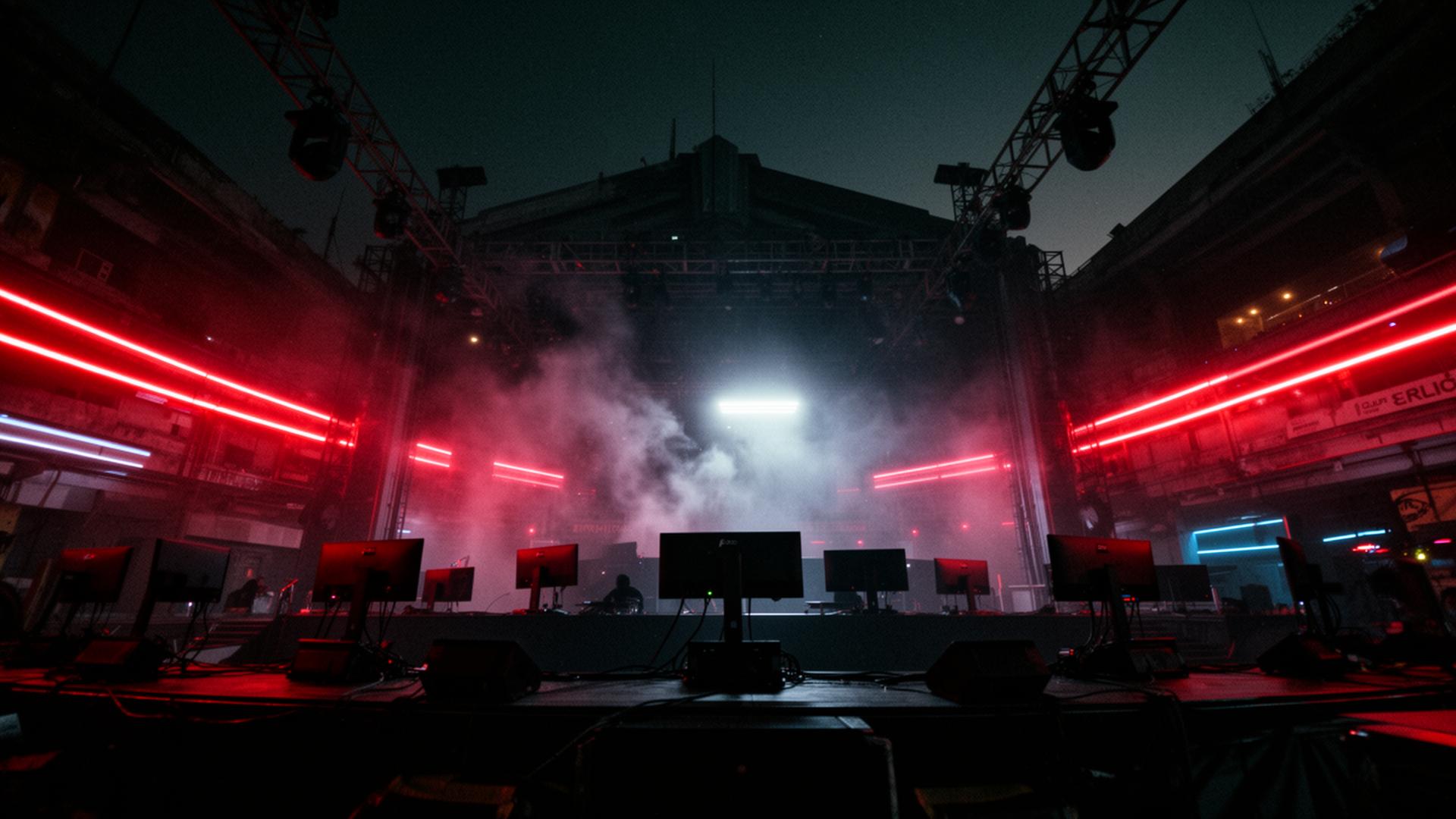 Neon-lit esports arena in deep shadow with red lighting cutting through smoke
